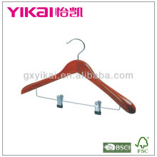 Cherry color wooden suit hanger with wide shoulders metal clips for trousers